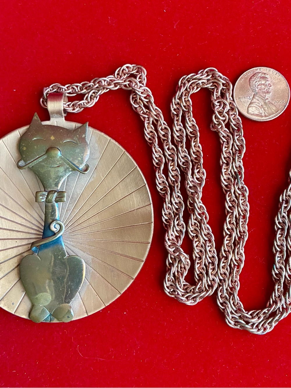 Vintage Cat Medallion Pendant Necklace in Copper, made by Bell. rope 30” long